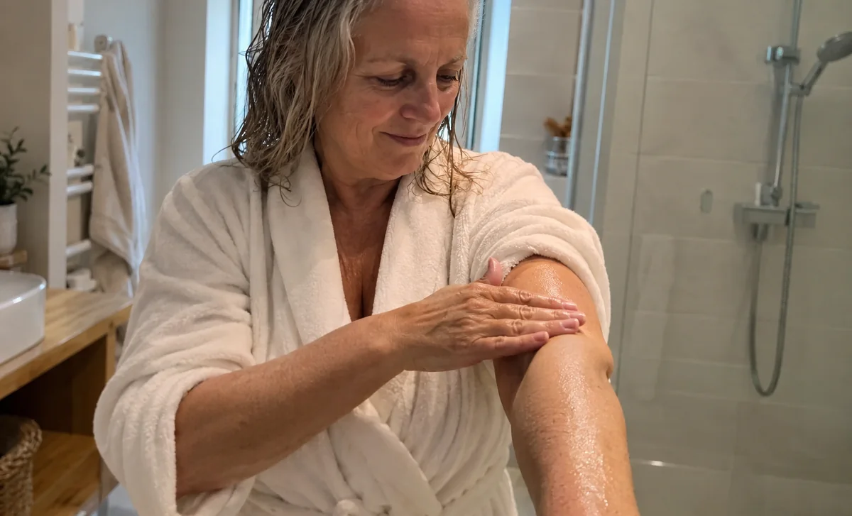 Femme d’une soixantaine d’années qui applique une huile sur son bras encore humide après la douche