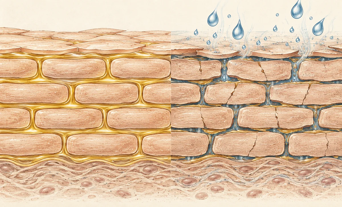 Vue d’artiste de la couche cornée : briques jointes par un ciment lipidique, puis ciment aminci et fissuré