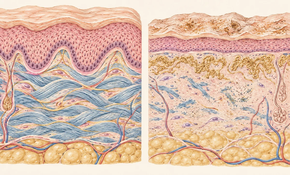Vue d’artiste comparant une peau jeune au derme dense et une peau âgée au collagène clairsemé