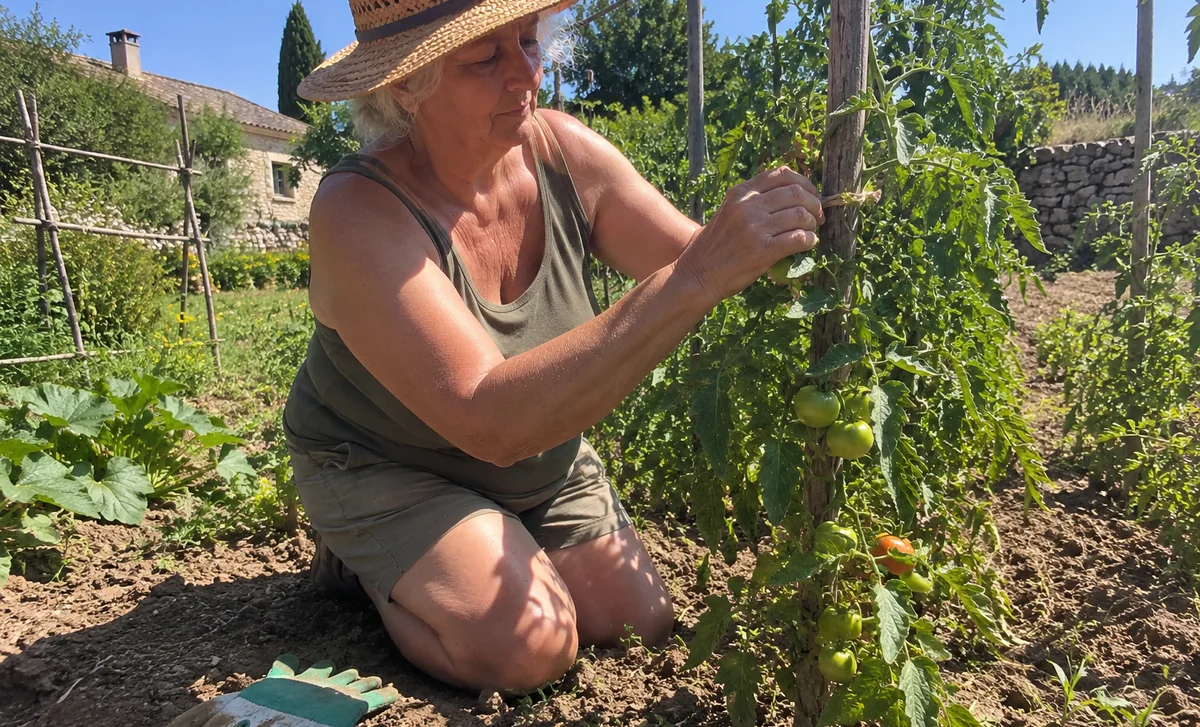 Femme d’une soixantaine d’années qui jardine bras nus en plein soleil