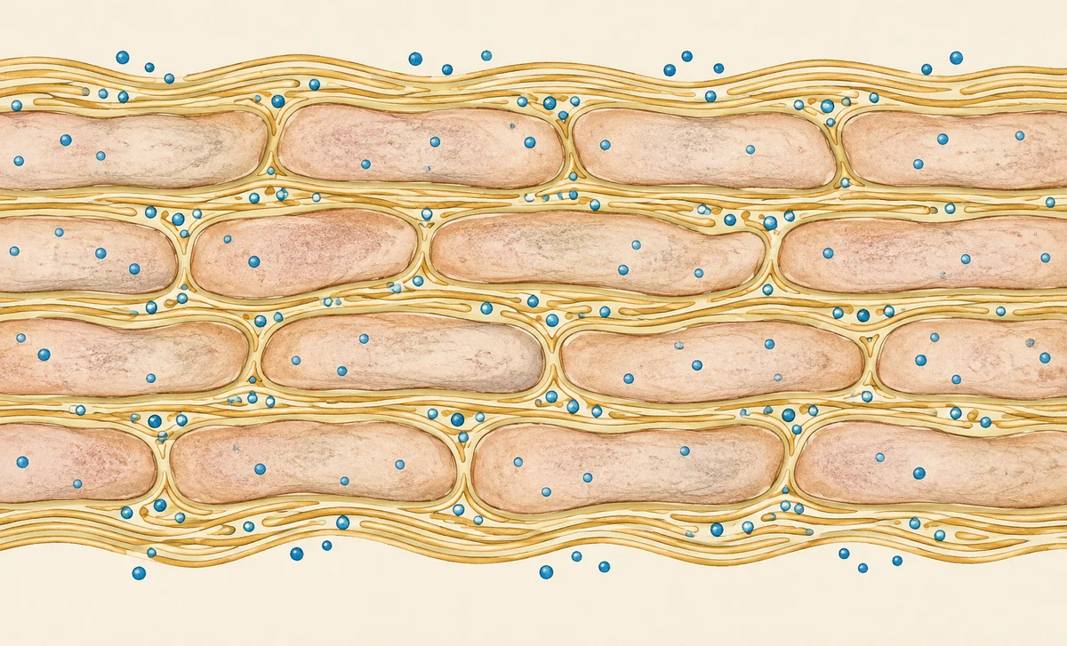Vue d’artiste de cellules aplaties et de lamelles lipidiques dans la couche cornée, sans échelle.