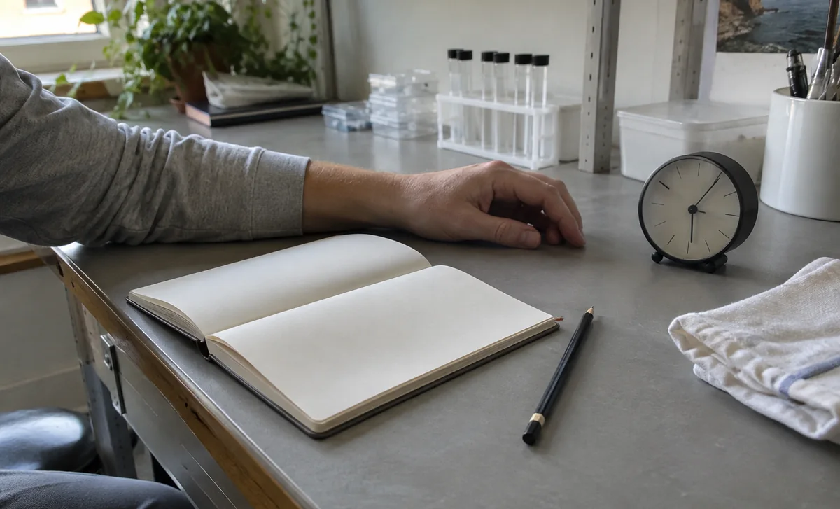 Avant-bras posé sur une table près d’un carnet, d’un crayon et d’une horloge.