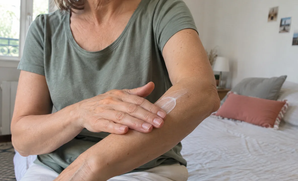 Main étalant une petite quantité de crème blanche sur un avant-bras.