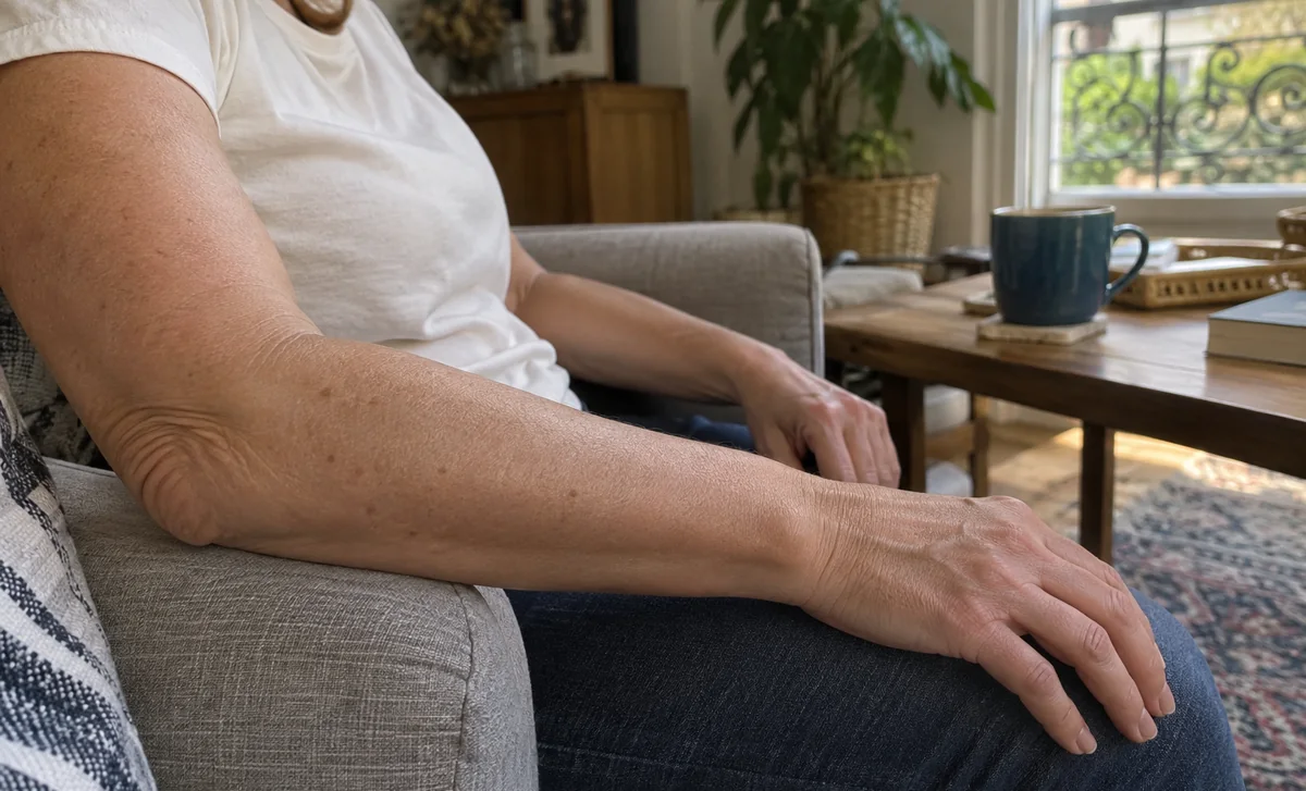 Avant-bras et main reposés près d’une fenêtre, en lumière naturelle.