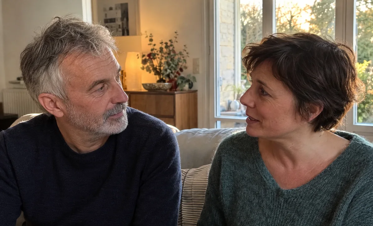 Deux adultes se regardent pendant une conversation calme.