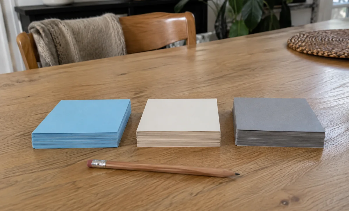 Trois piles de cartes de couleurs différentes alignées sur une table.