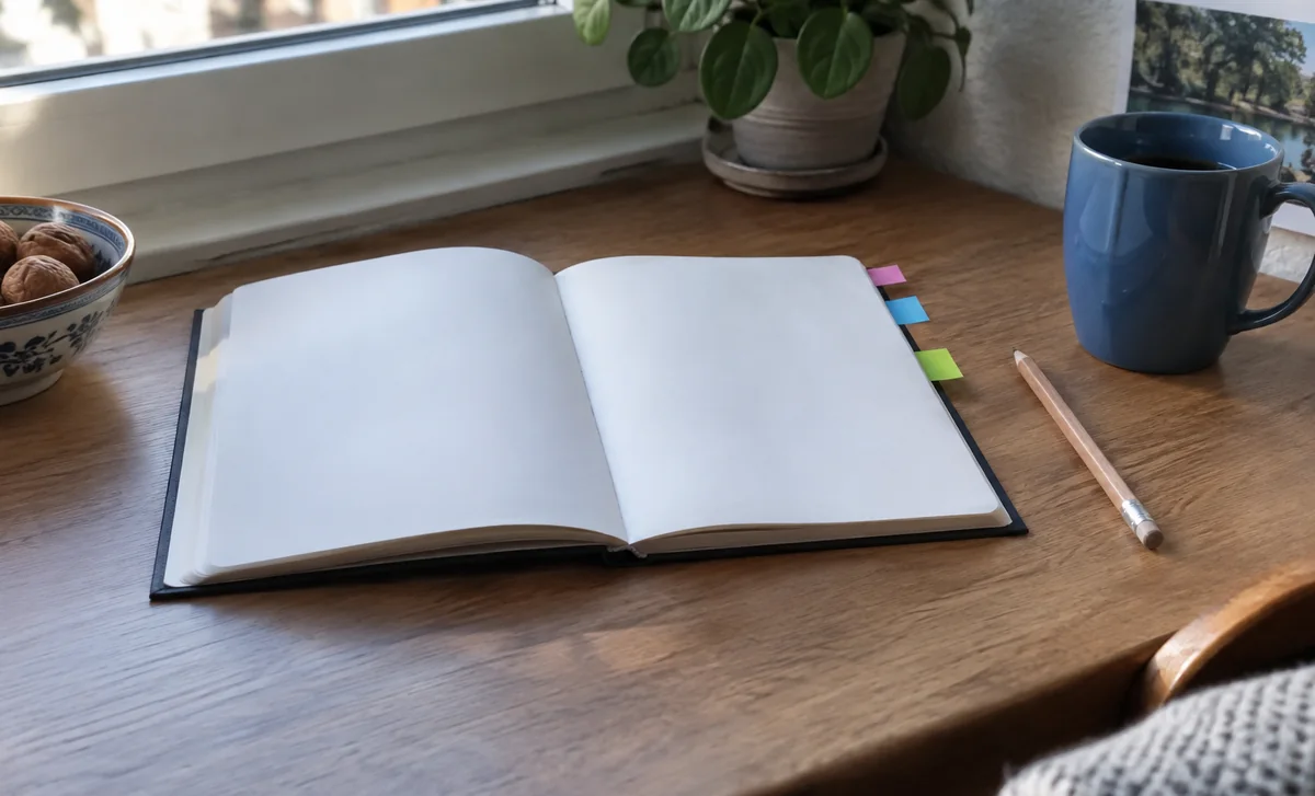 Un carnet vierge, des marque-pages et un crayon sont posés près d’une tasse.