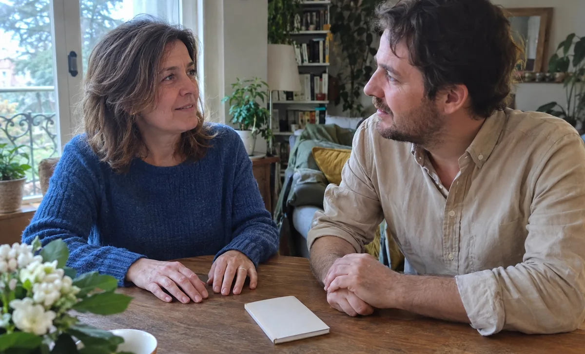 Deux adultes échangent autour d’une table avec un carnet fermé entre eux.