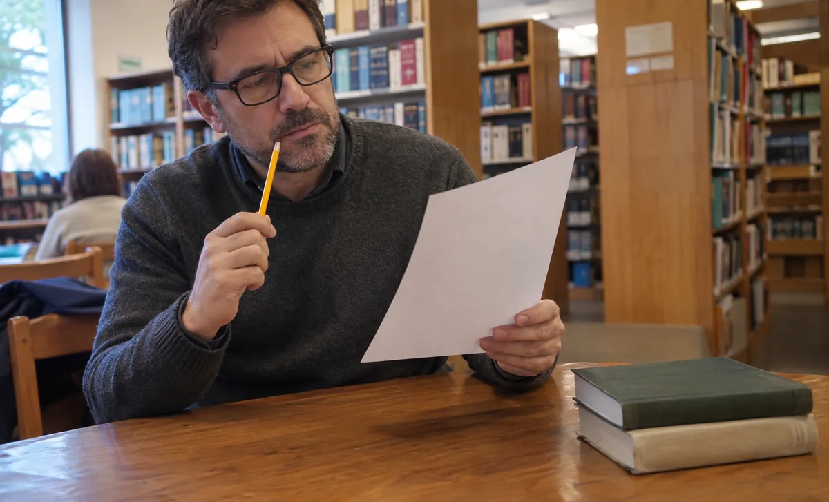 Un homme lit une feuille à une table de bibliothèque.