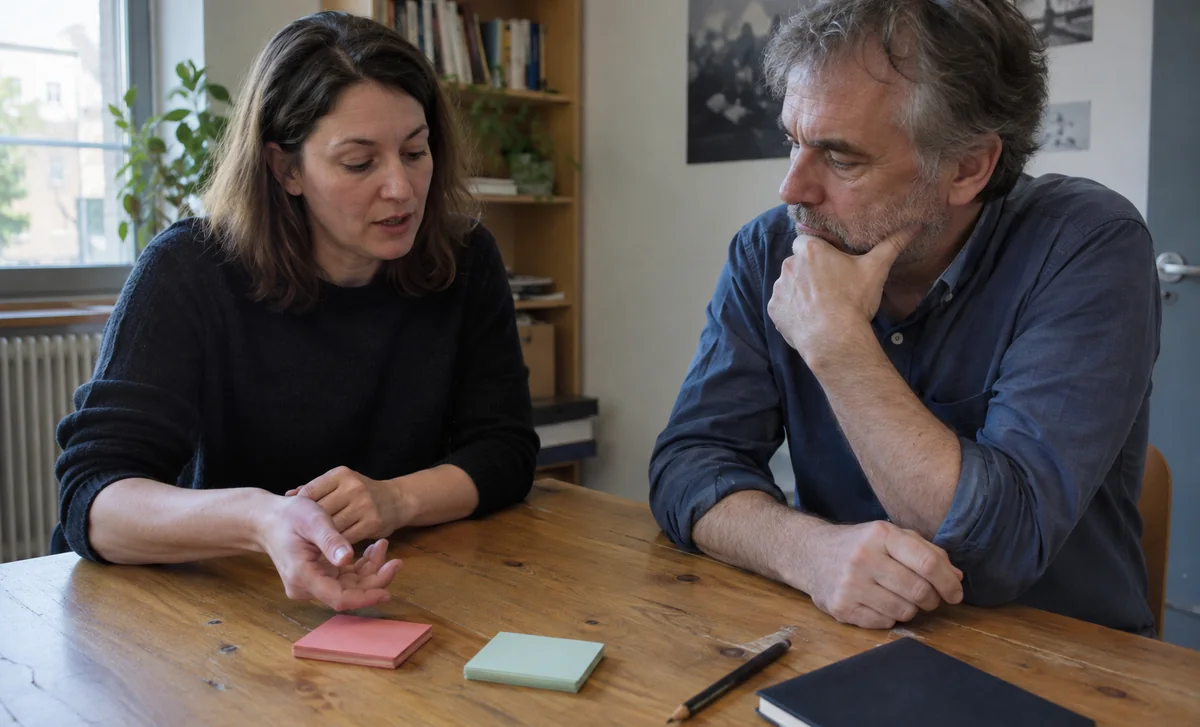 Deux adultes échangent devant des cartes colorées et un carnet sur un bureau.