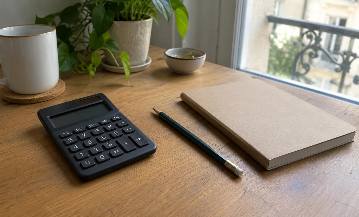 Une calculatrice à écran sombre, un crayon et un carnet fermé sur un bureau.