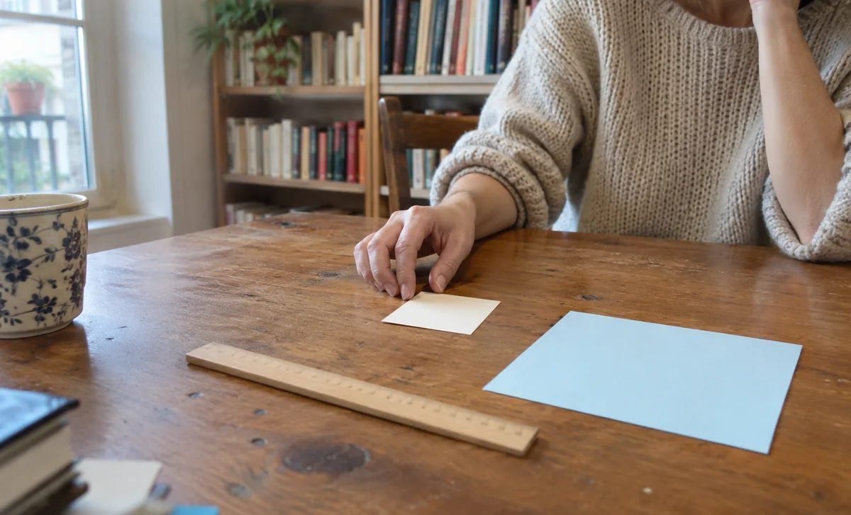 Deux cartes vierges de tailles différentes et une règle sur une table.