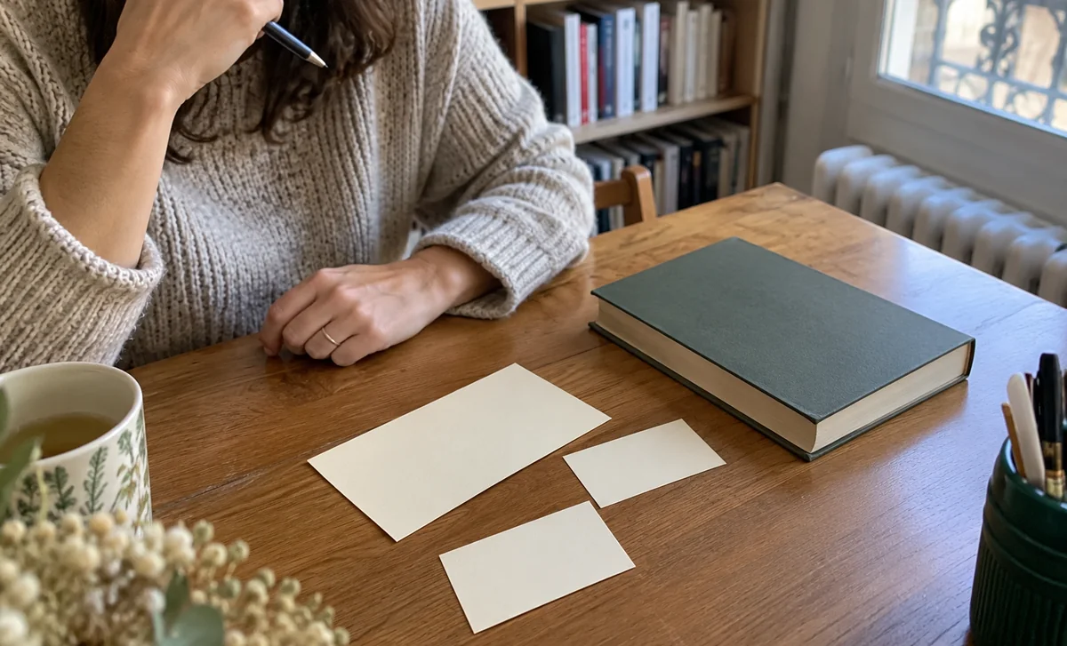 Trois cartes vierges et un livre fermé sur un bureau.