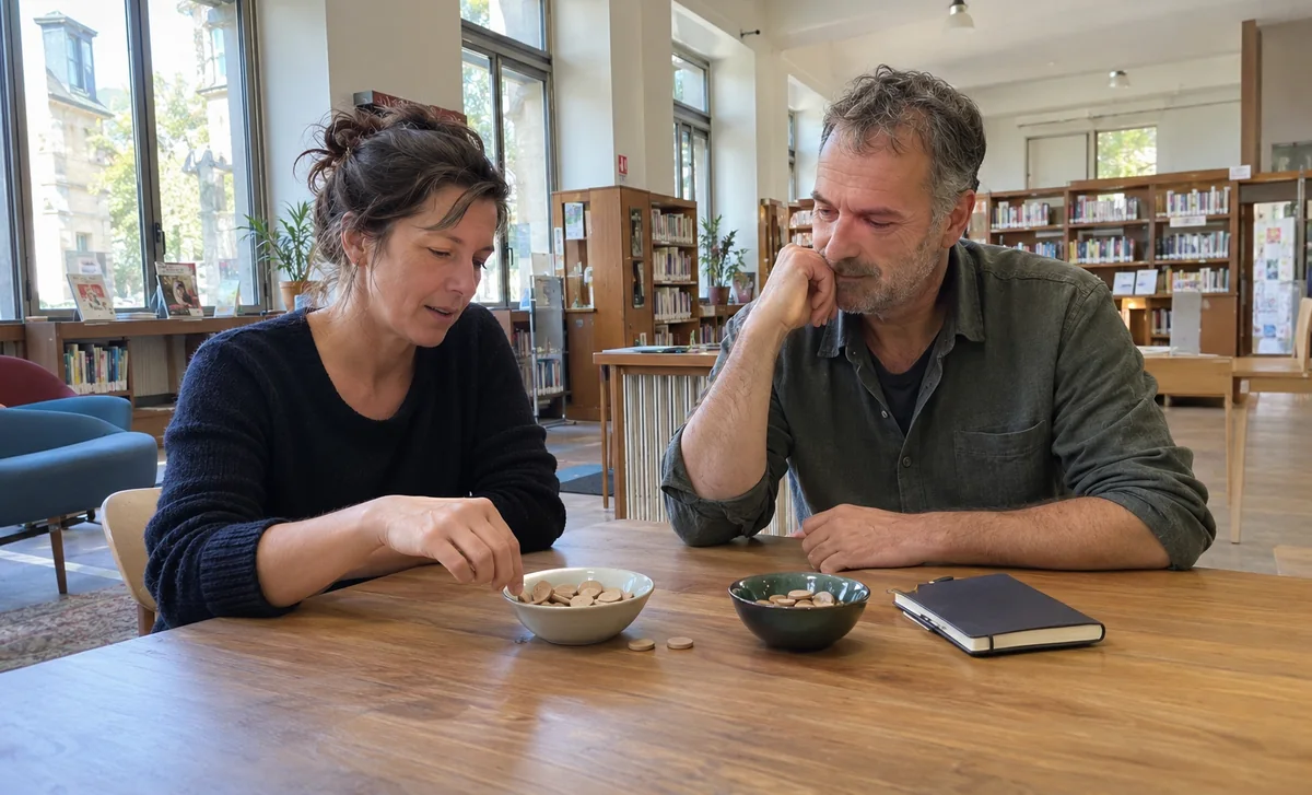 Deux adultes échangent devant deux bols de jetons et un carnet dans une bibliothèque.