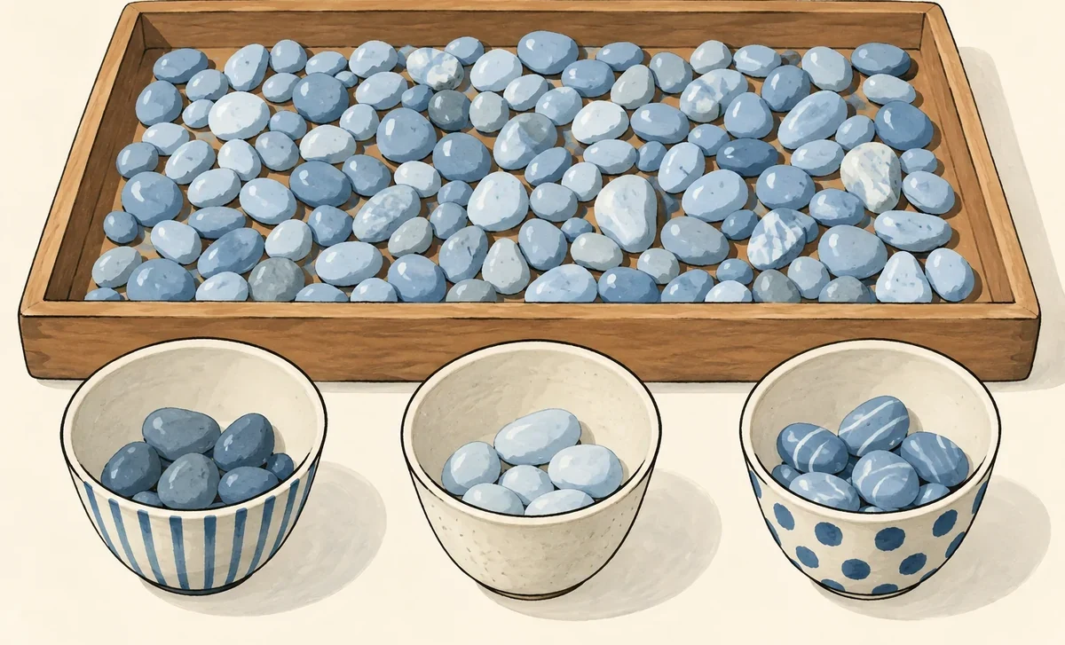 Illustration de trois petits échantillons prélevés dans un ensemble de galets.