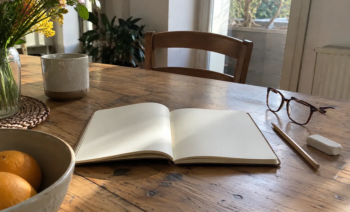 Carnet vierge, crayon et lunettes sur une table, évocation de la vérification d’un calcul.