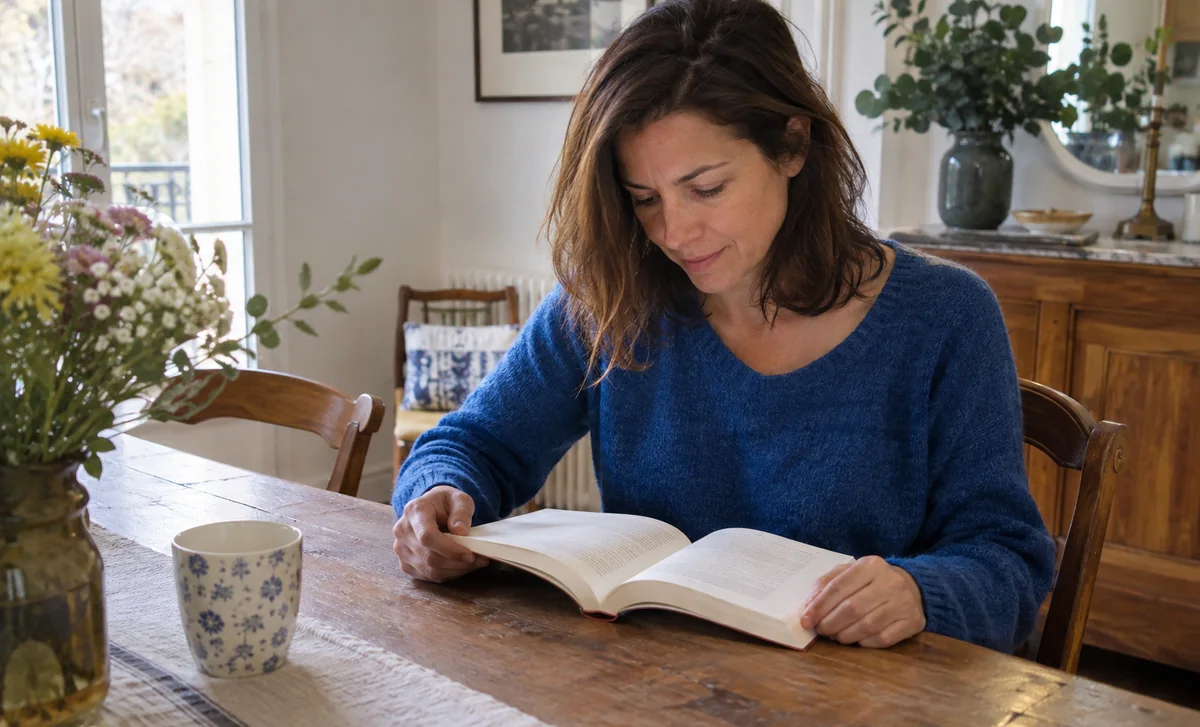 Femme en pull bleu lisant un livre à une table, sans donnée scientifique visible.