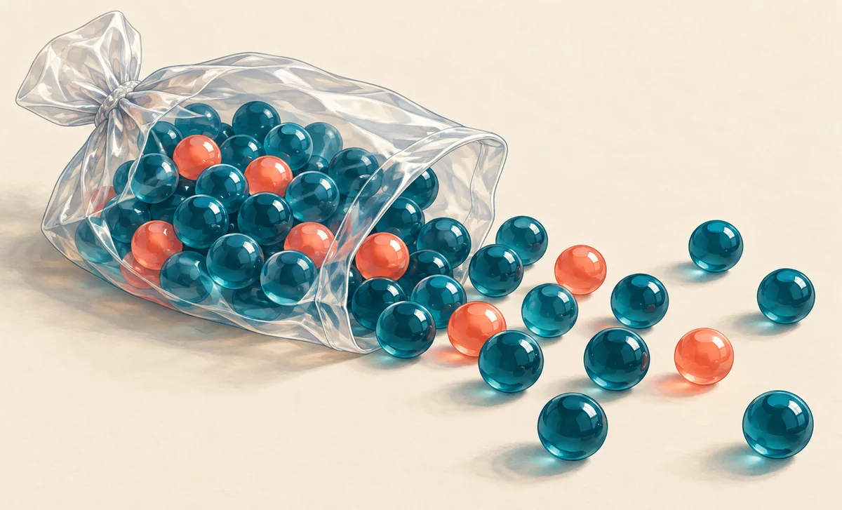 Billes bleues et corail autour d’un sac, évocation artistique d’un tirage aléatoire.