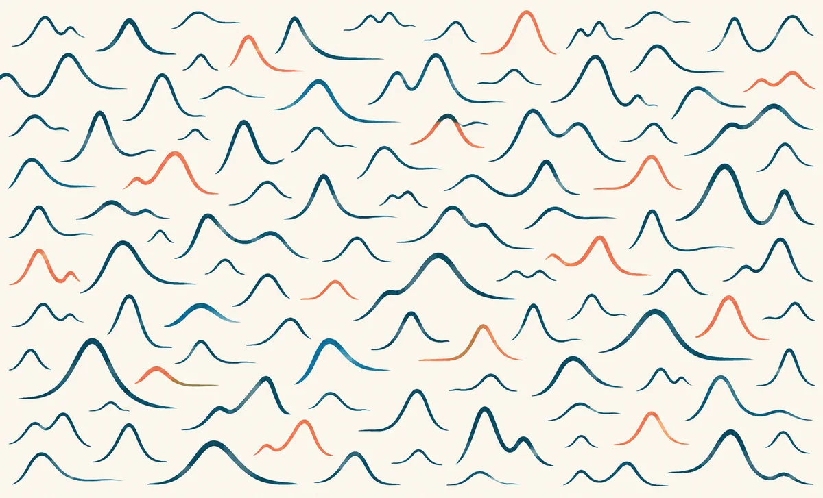 Petites courbes bleues et corail répétées sur une planche, sans valeur ni données réelles.