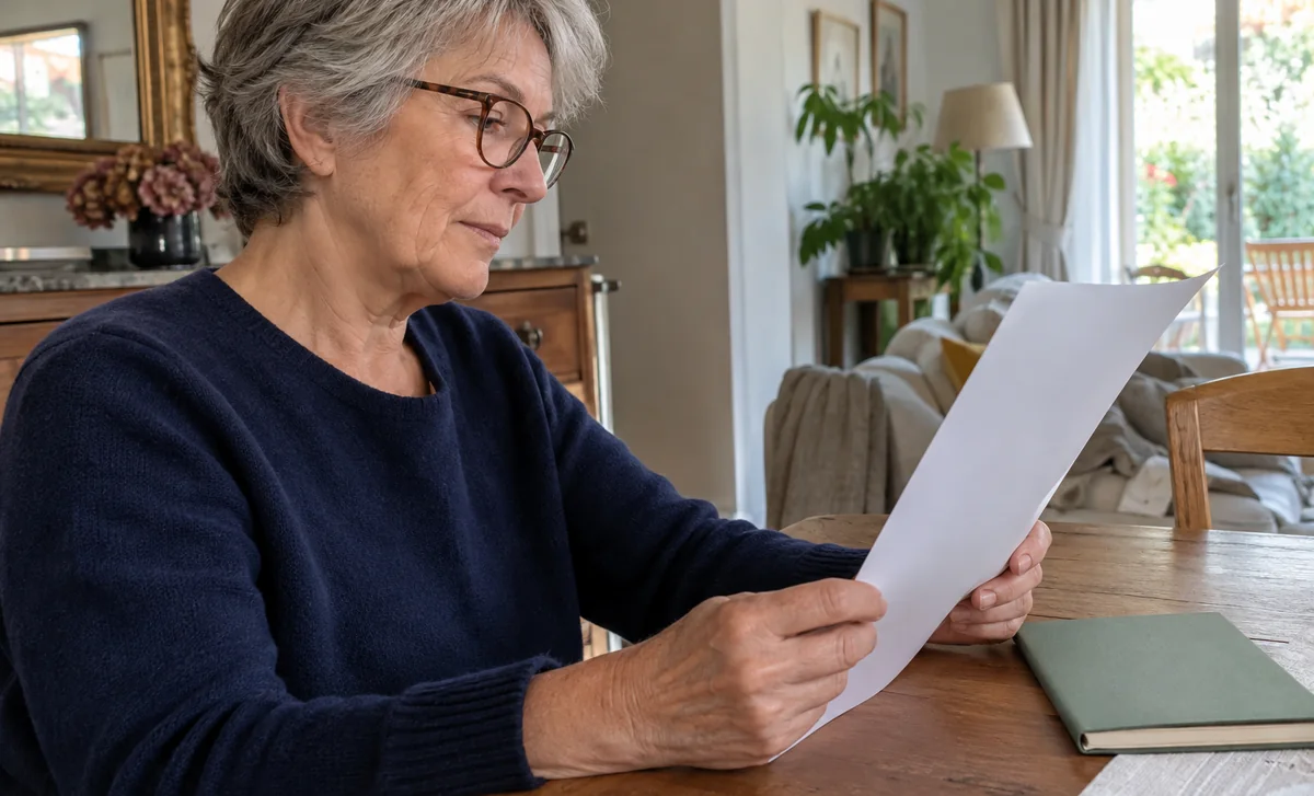 Une femme aux cheveux gris lit une feuille à sa table, avec un carnet fermé à côté.
