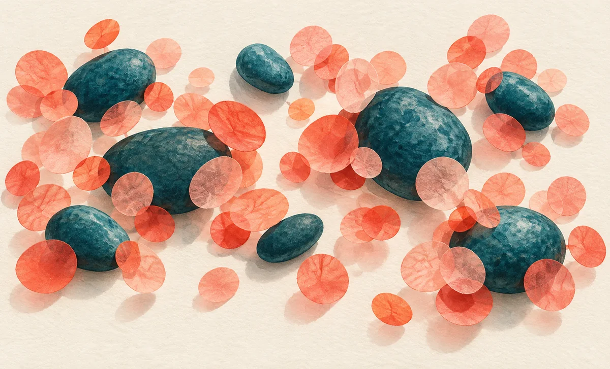 Petites pierres bleu pétrole entourées de pastilles corail décalées dans une illustration.