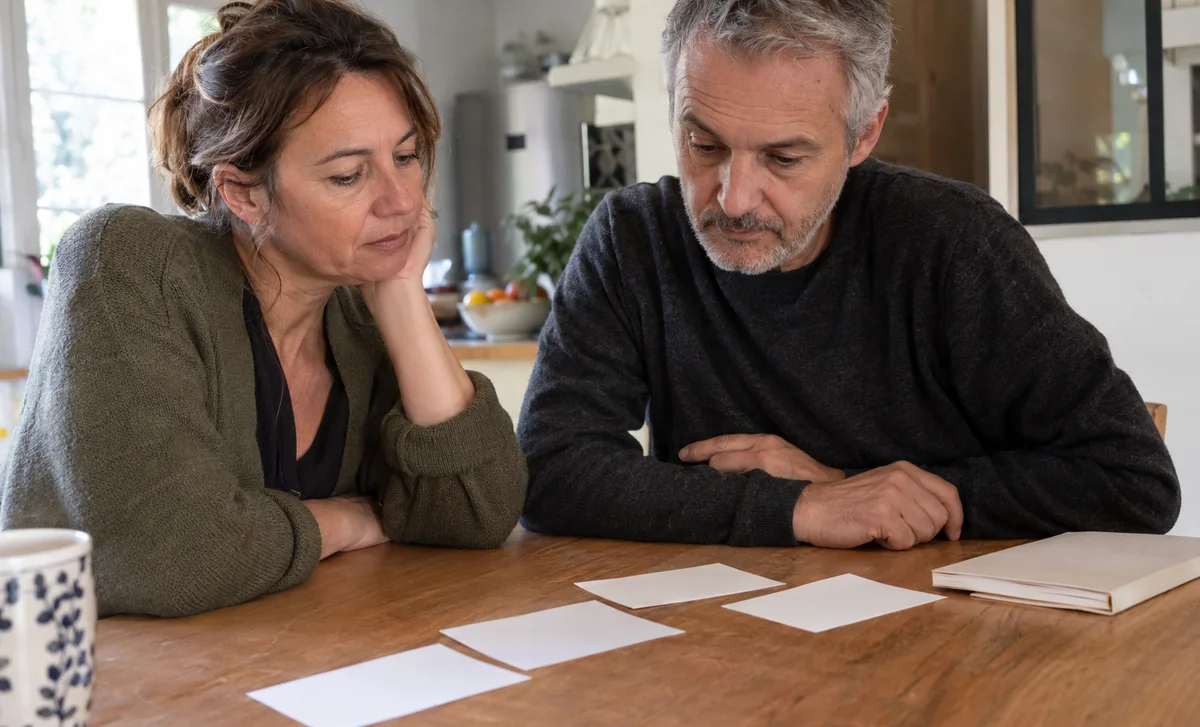 Deux adultes à une table observent des cartes blanches et un carnet sans texte lisible.