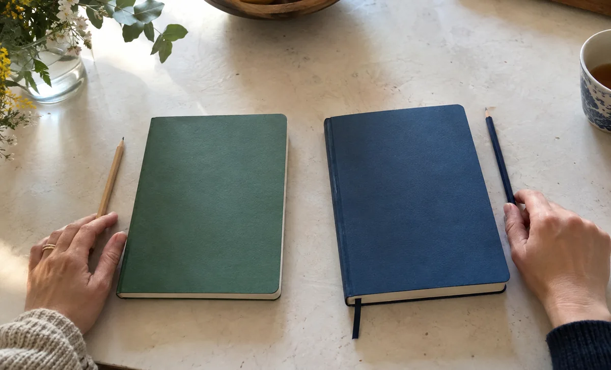 Deux carnets fermés et deux crayons posés côte à côte sur une table claire.