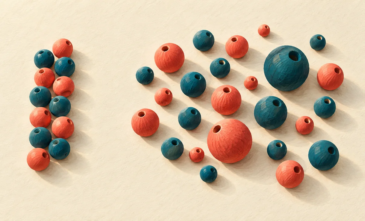 Composition de billes corail et bleu pétrole sur un fond ivoire, avec deux groupes espacés différemment.