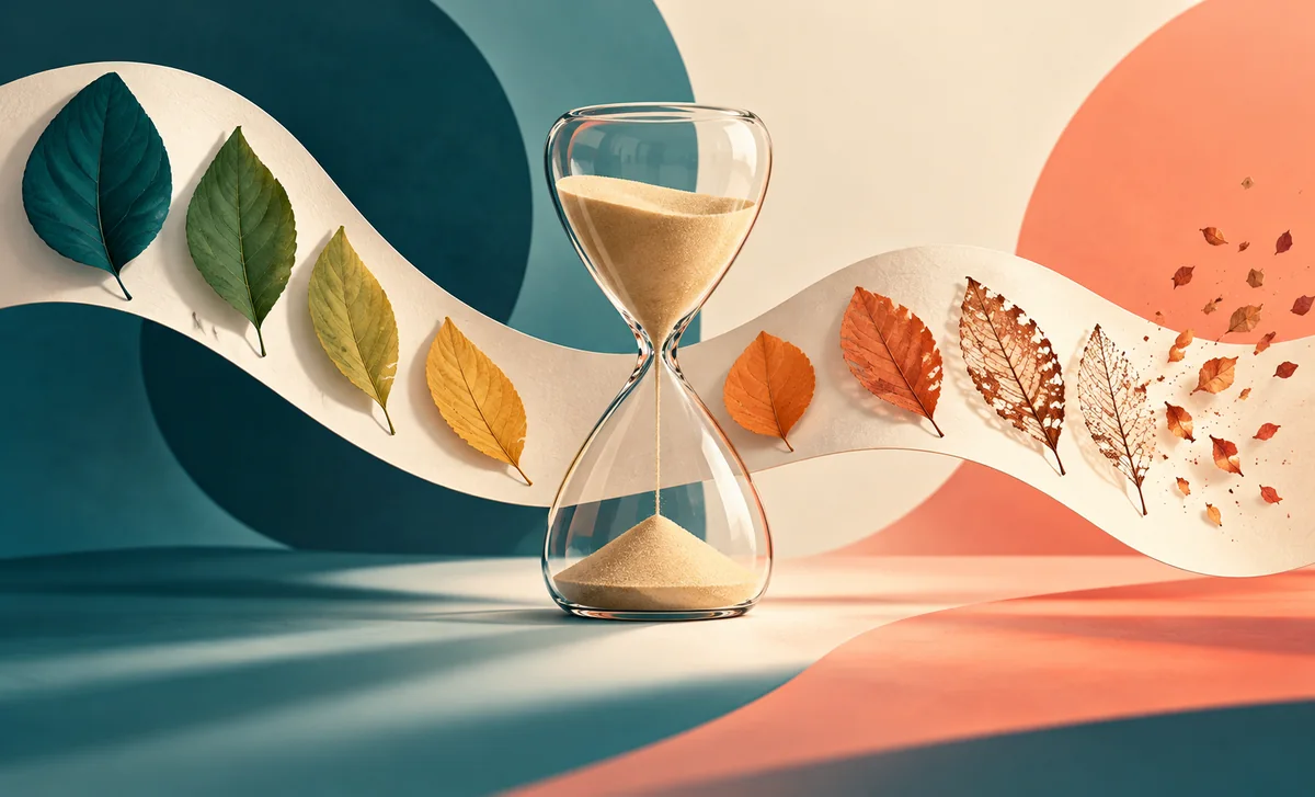 Sablier entouré de feuilles à plusieurs stades, métaphore du temps entre une étude et sa publication.
