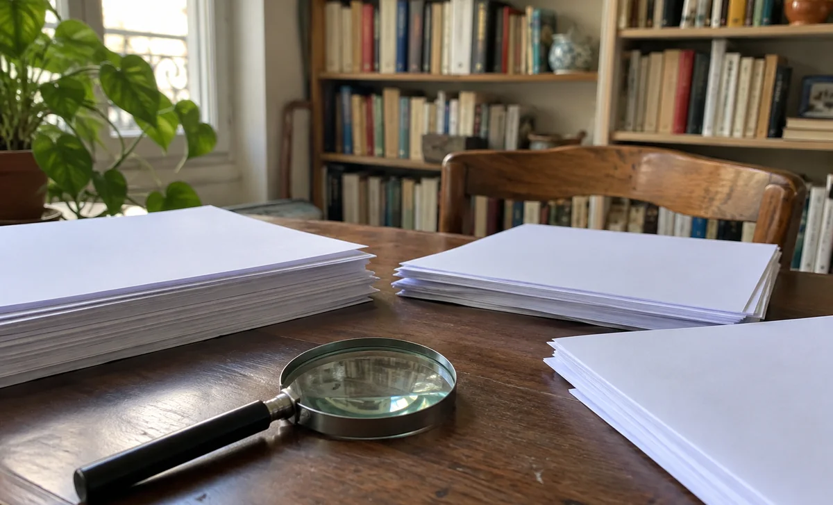 Loupe posée près de plusieurs piles de documents sans texte, évocation d’une lecture croisée des sources.