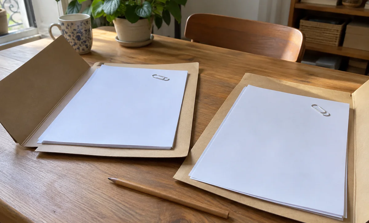 Deux chemises ouvertes côte à côte pour symboliser la comparaison entre protocole et rapport publié.