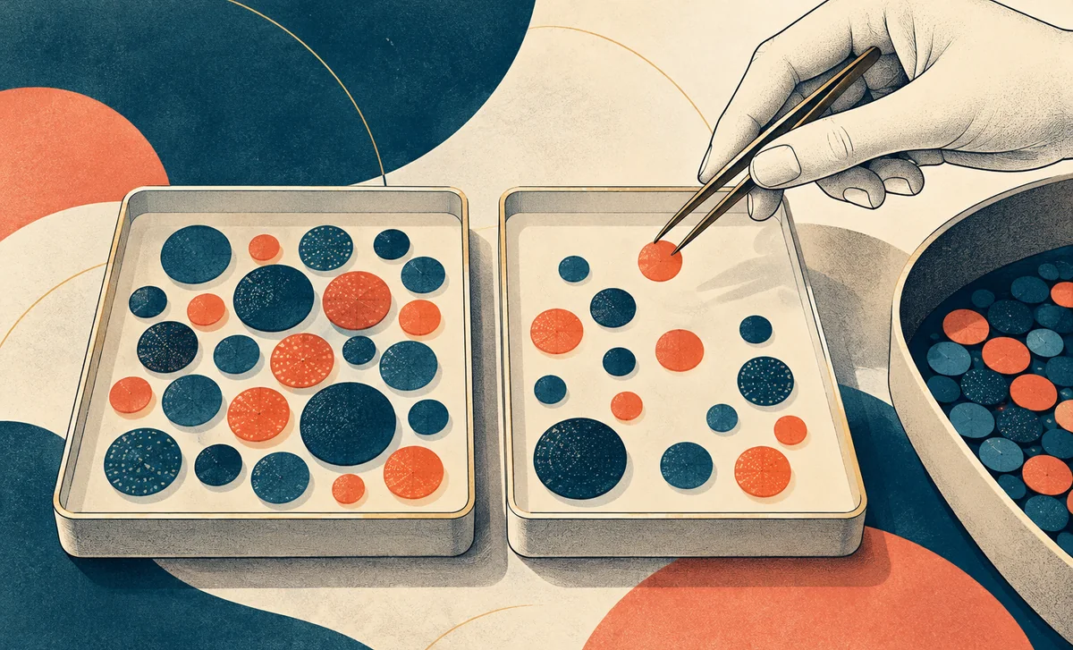 Pastilles bleues et corail réparties entre plusieurs plateaux, avec une main qui en sélectionne une à la pince.