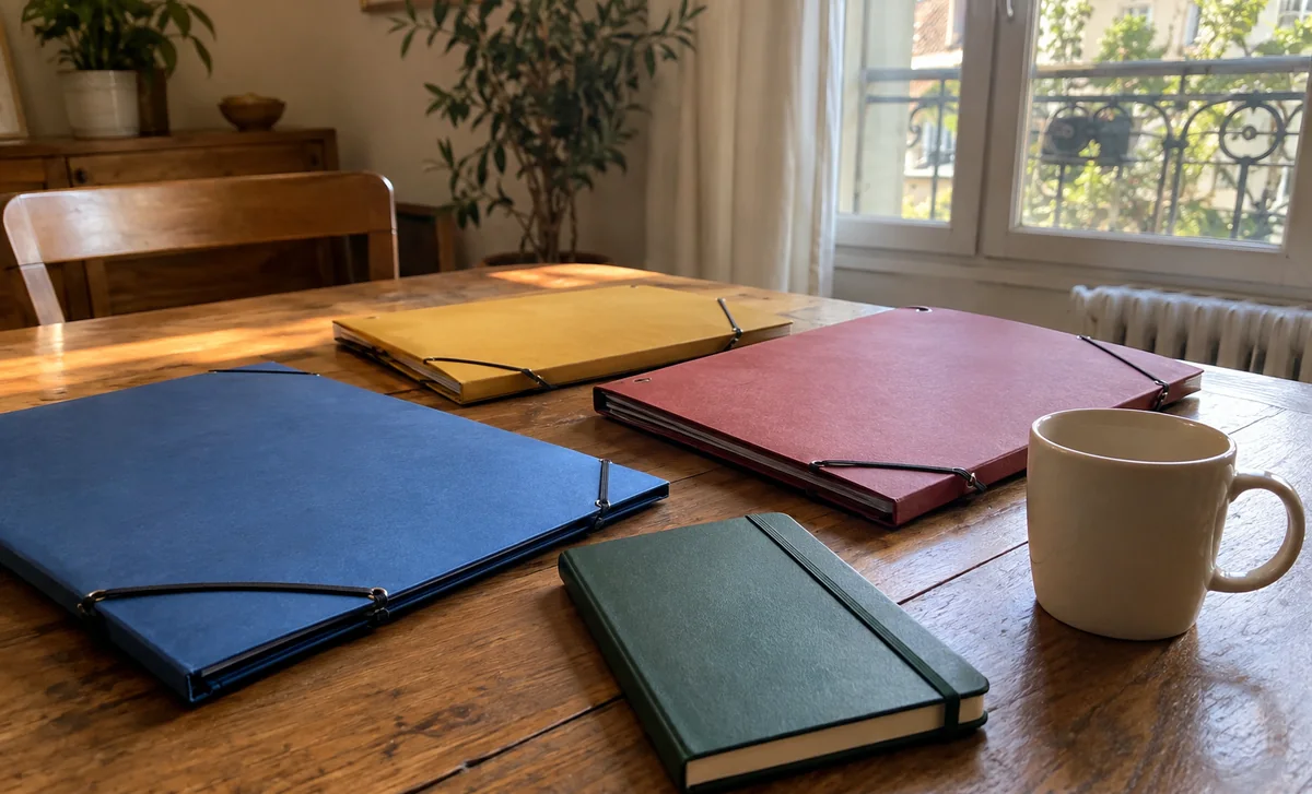Trois chemises fermées et un carnet uni sur une table près d’une fenêtre, évocation des travaux à examiner.