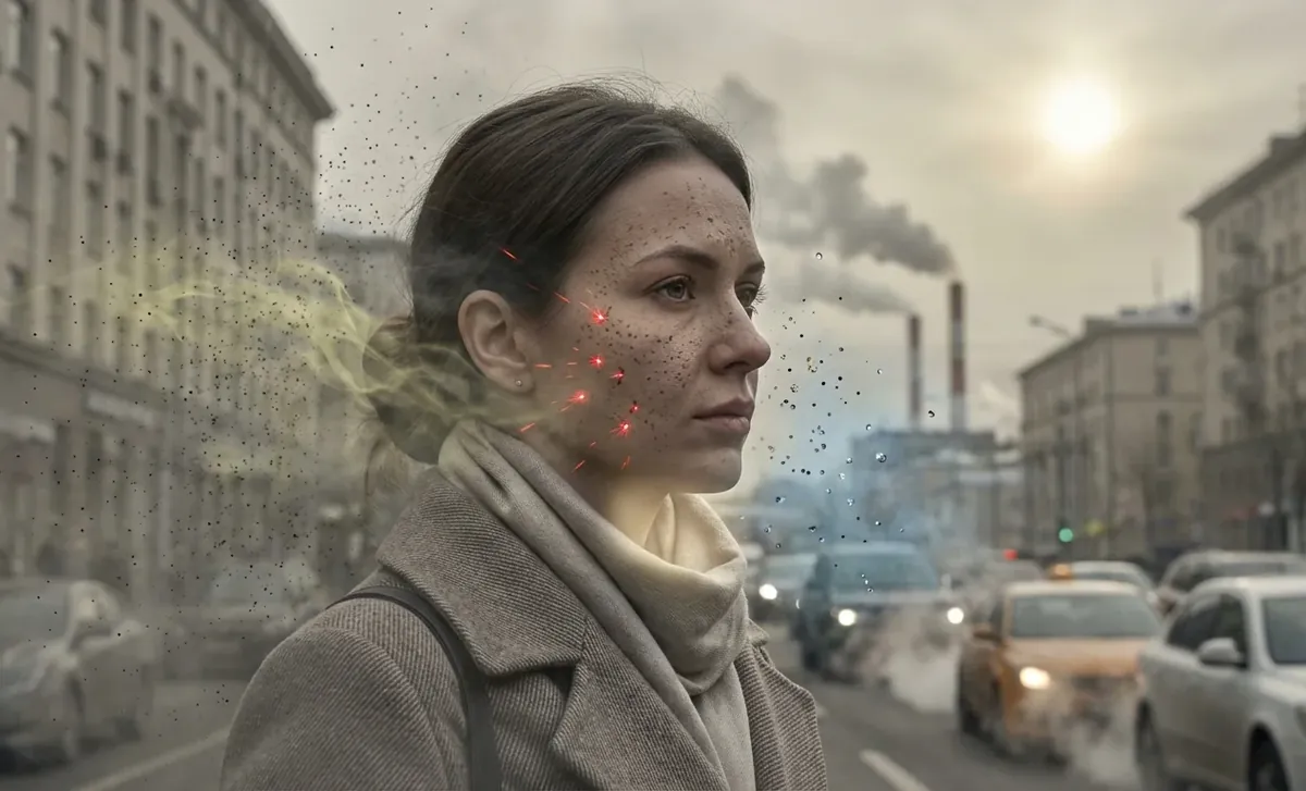 Illustration éditoriale — Pollution et peau