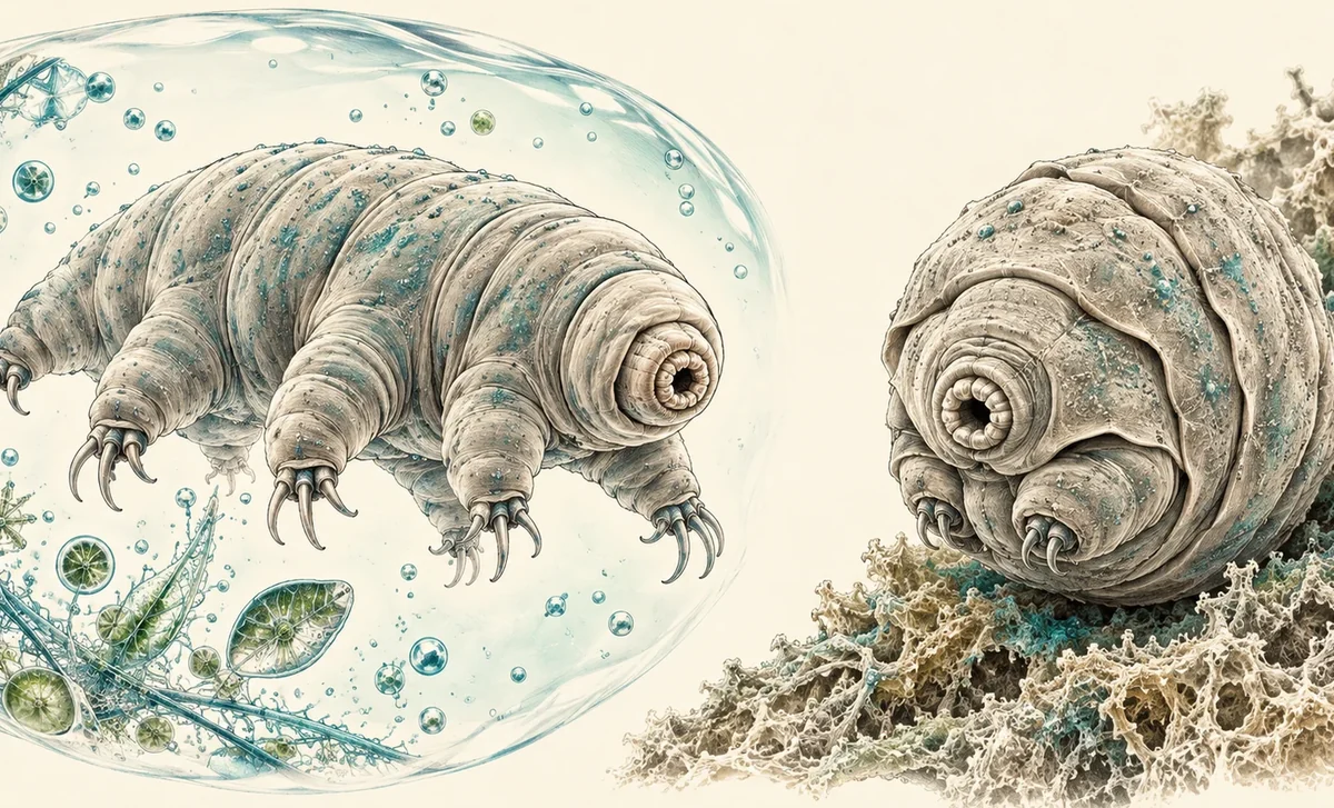 Évocation d’un tardigrade hydraté et de sa forme contractée