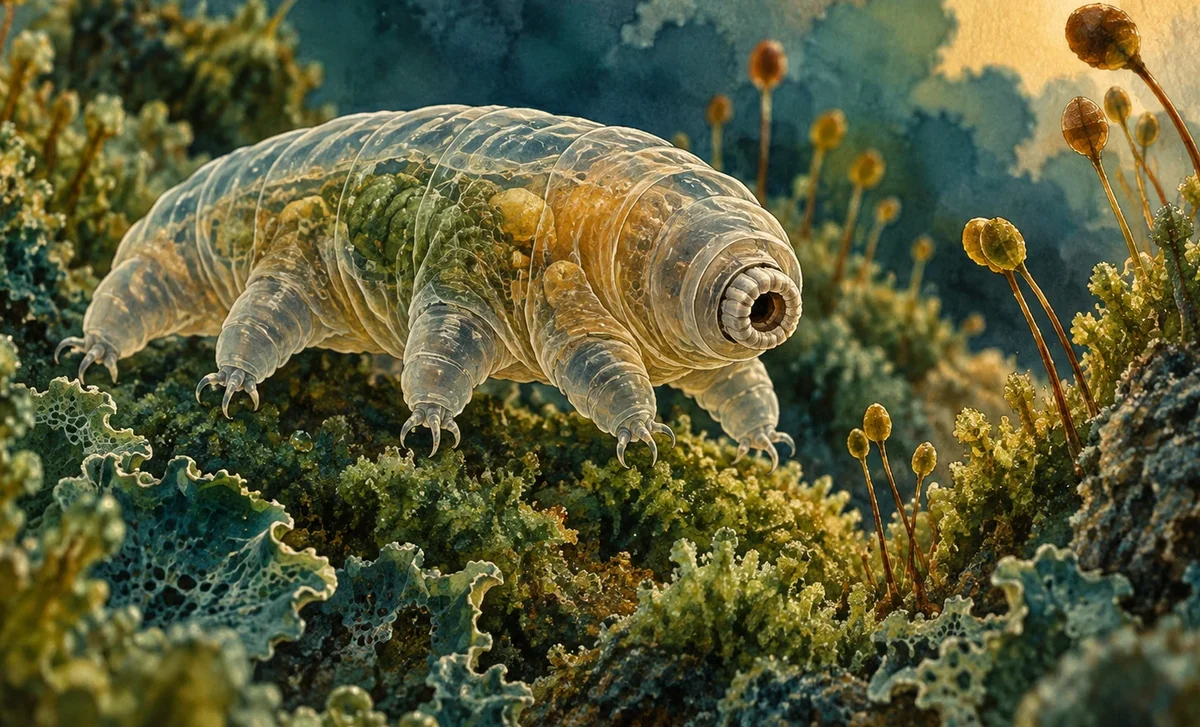 Vue d’artiste d’un tardigrade entre les feuilles d’une mousse