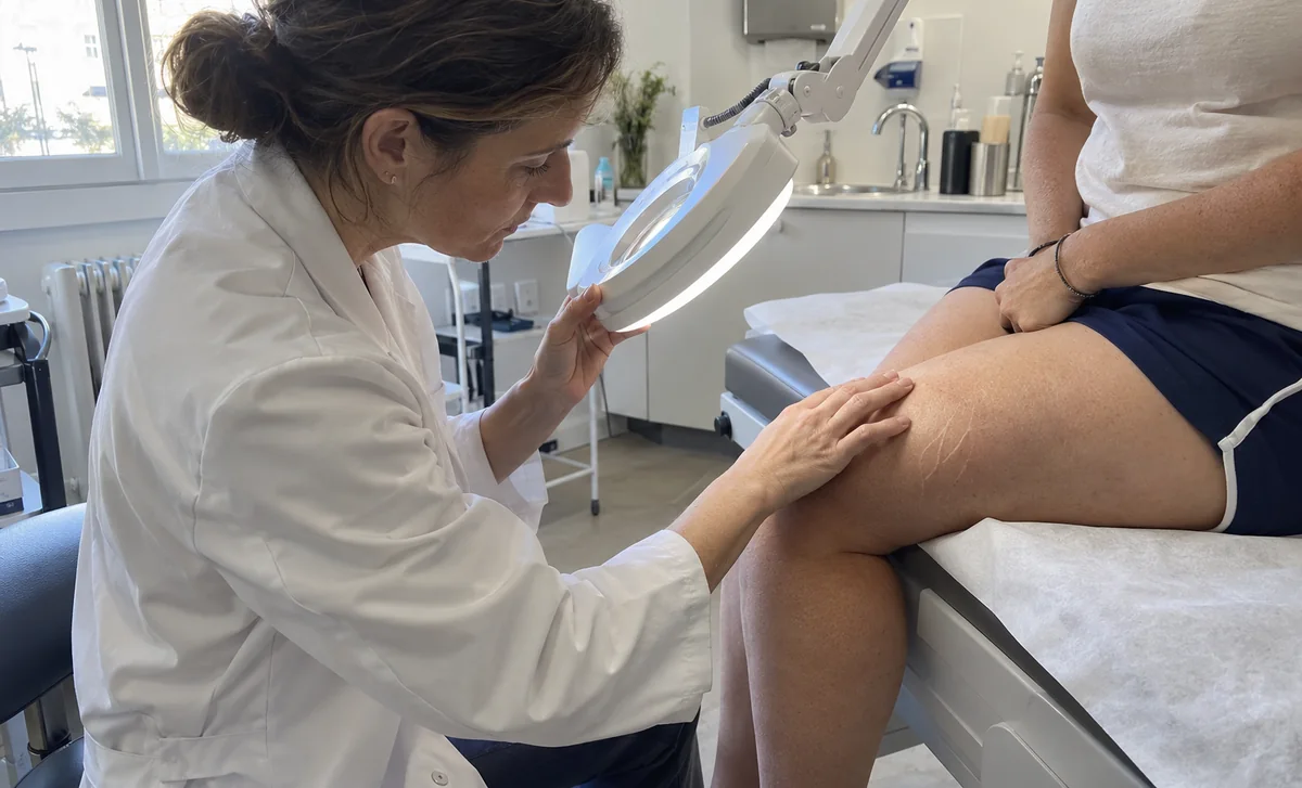 Dermatologue examinant à la loupe des vergetures sur la cuisse d’une patiente