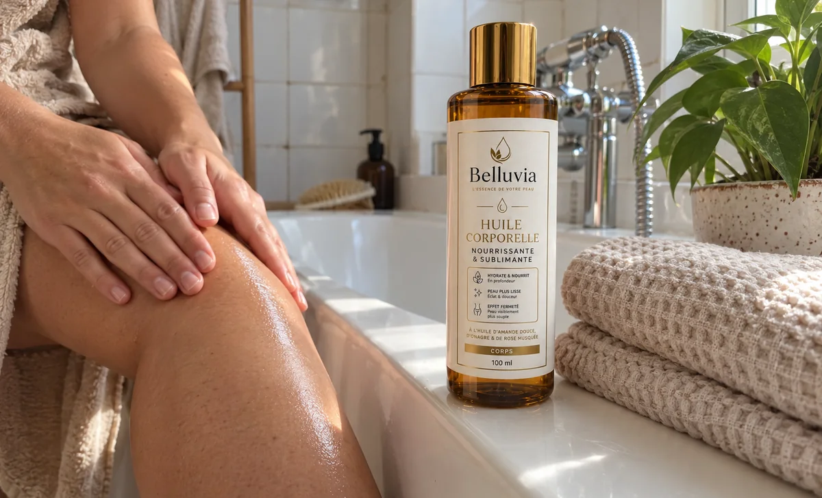 Bouteille d’huile corporelle Belluvia sur le rebord d’une baignoire, près d’une serviette