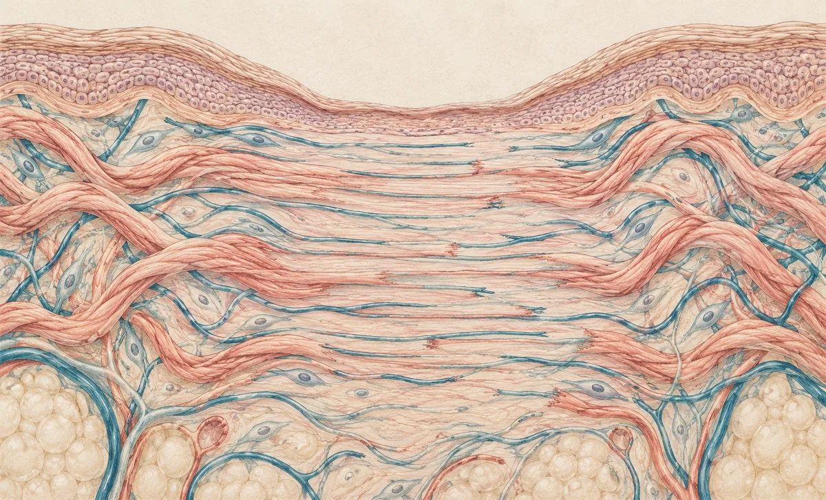 Vue d’artiste d’une coupe de peau dont les fibres du derme s’amincissent et se rompent sous l’étirement