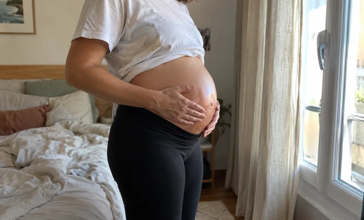 Femme enceinte qui masse le côté de son ventre avec une huile