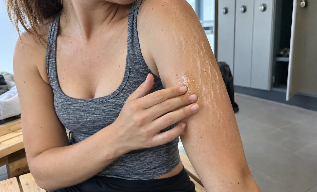 Jeune femme sportive qui étale une goutte d’huile sur de fines vergetures blanches au haut du bras